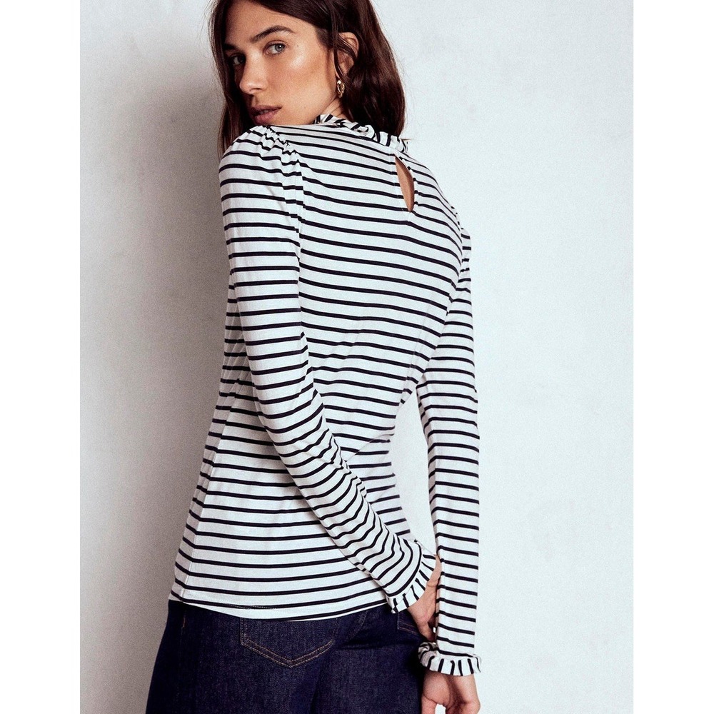 BODEN Supersoft Frill Detail Top Size 6 Ivory Navy Stripe Long Sleeve